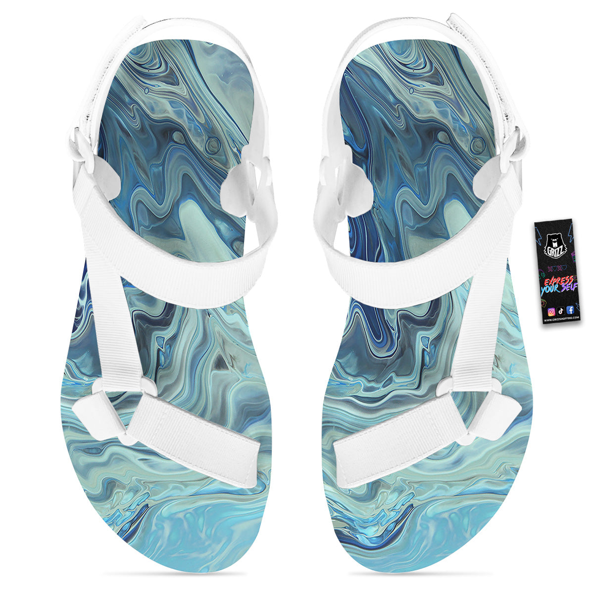 Acid Melt Blue Ocean Print White Open Toe Sandals-grizzshop