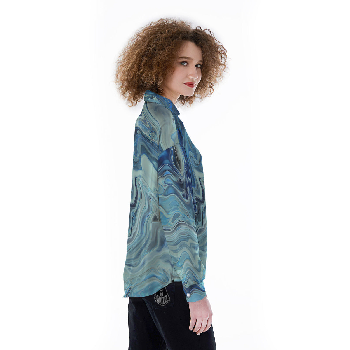 Acid Melt Blue Ocean Print Women's Long Sleeve Shirts-grizzshop