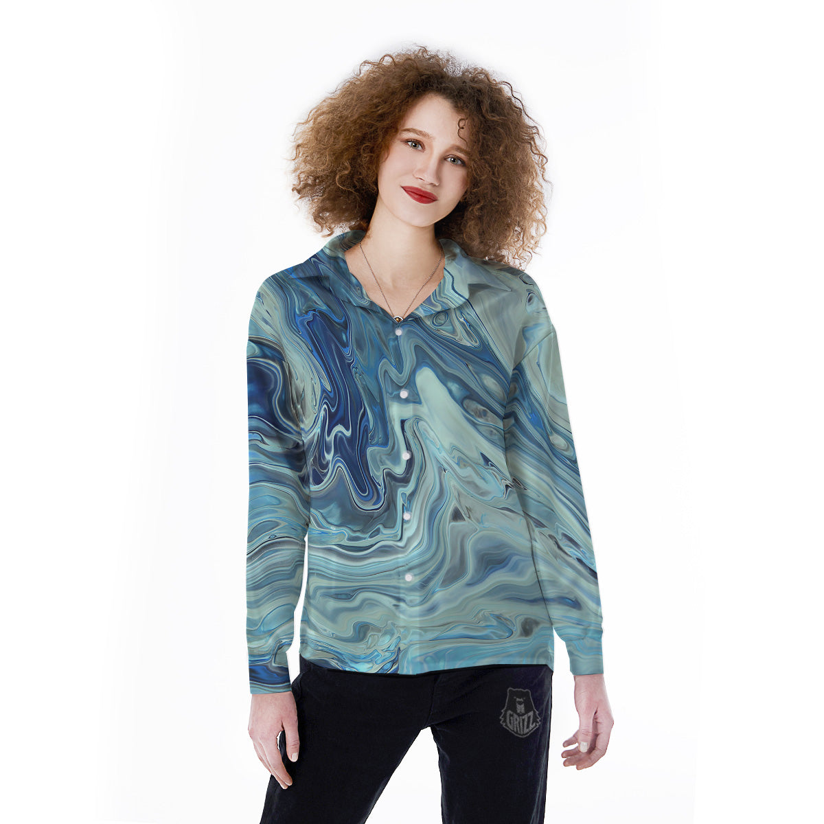 Acid Melt Blue Ocean Print Women's Long Sleeve Shirts-grizzshop