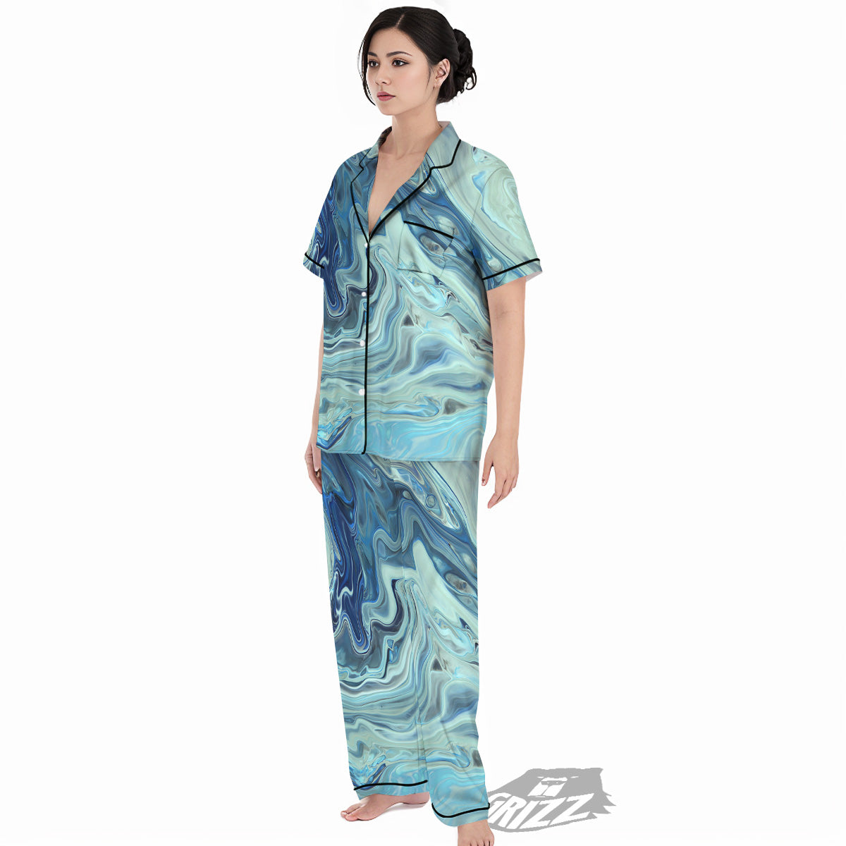 Acid Melt Blue Ocean Print Women's Pajamas Set-grizzshop