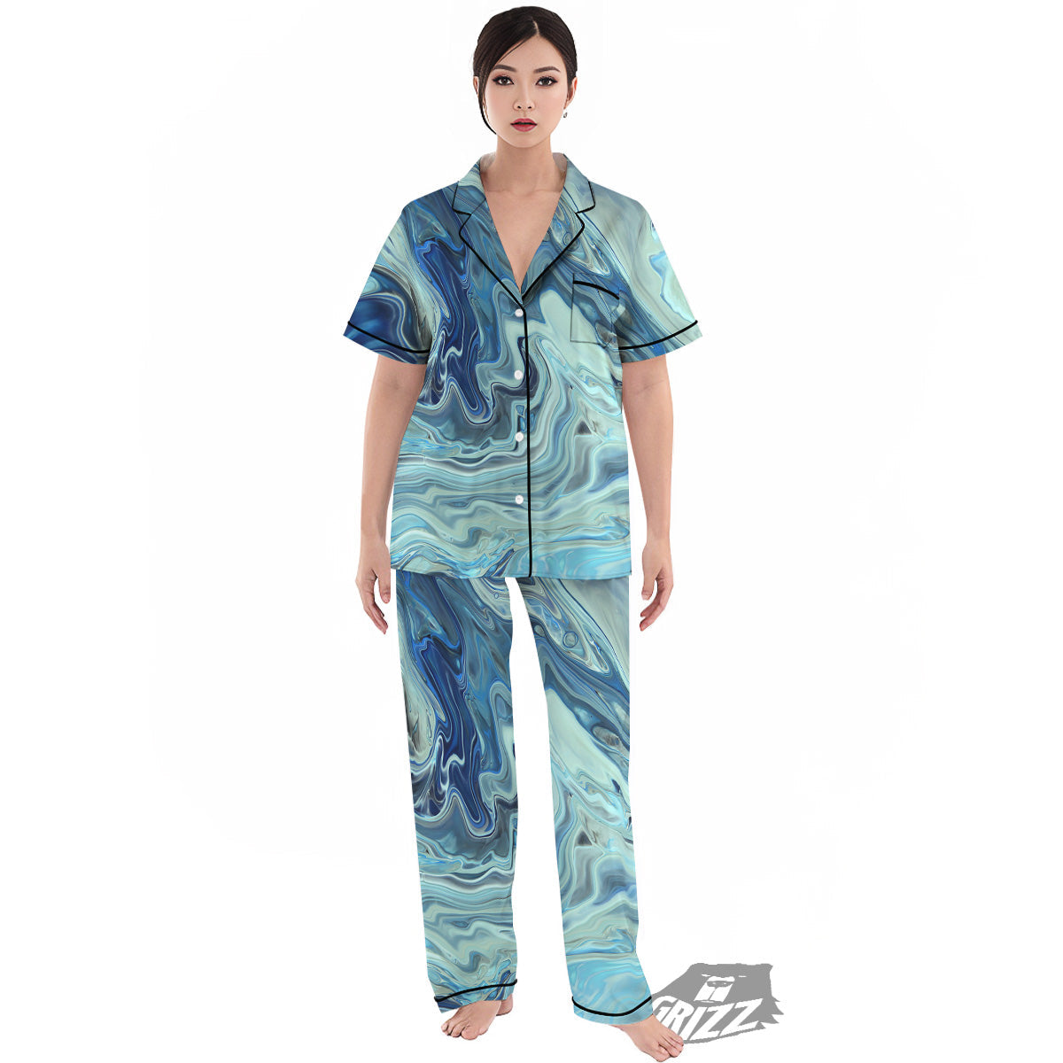 Acid Melt Blue Ocean Print Women's Pajamas Set-grizzshop