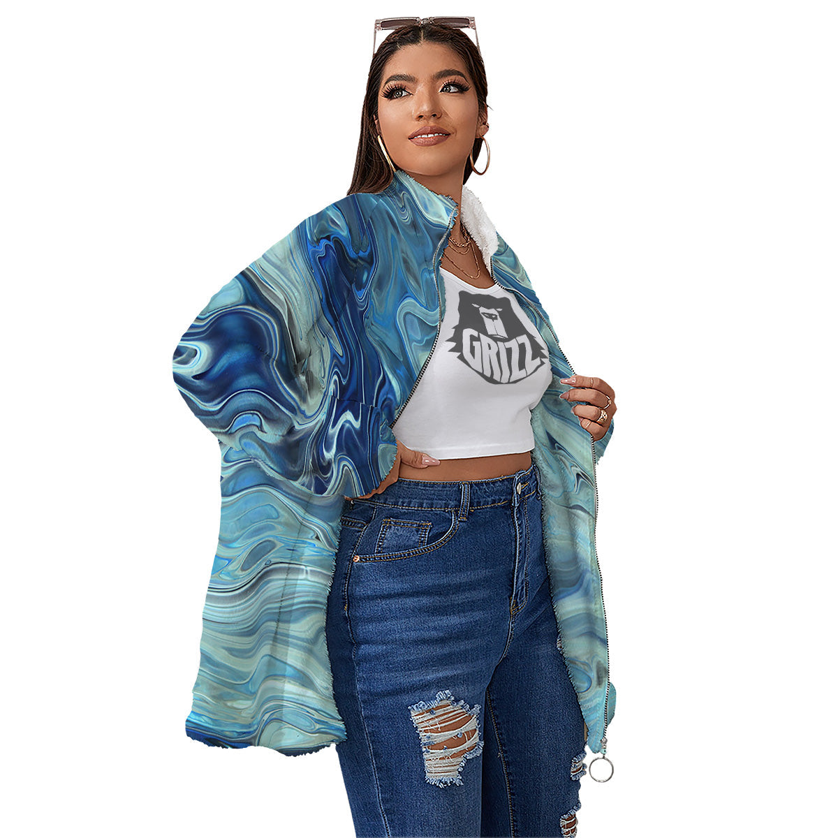 Acid Melt Blue Ocean Print Women's Sherpa Jacket-grizzshop