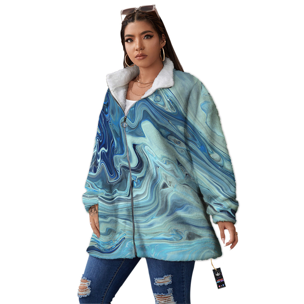 Acid Melt Blue Ocean Print Women's Sherpa Jacket-grizzshop