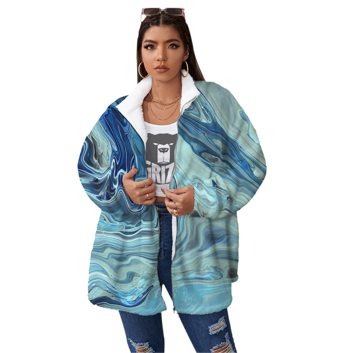 Acid Melt Blue Ocean Print Women's Sherpa Jacket-grizzshop