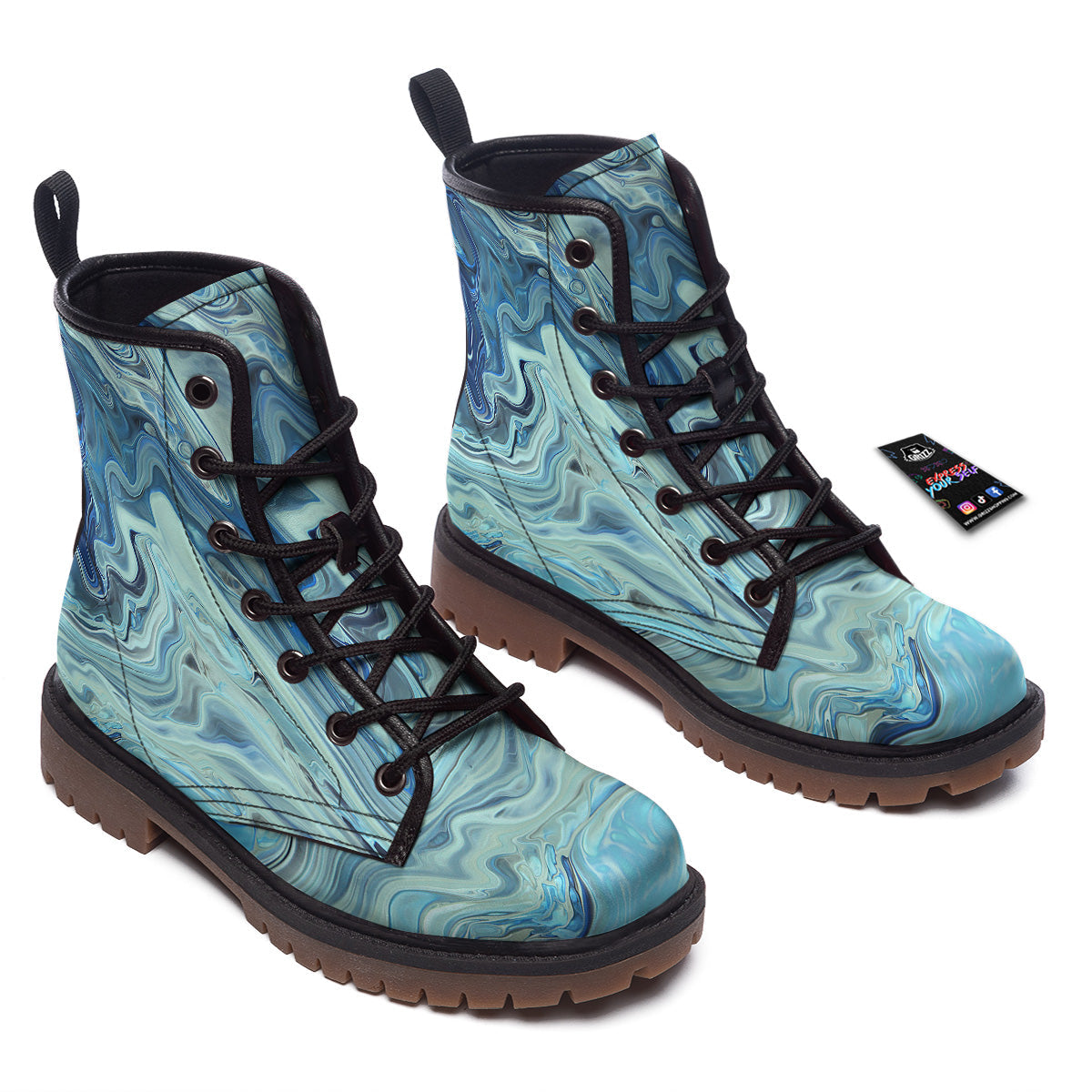 Acid Melt Blue Ocean Print Work Boots-grizzshop
