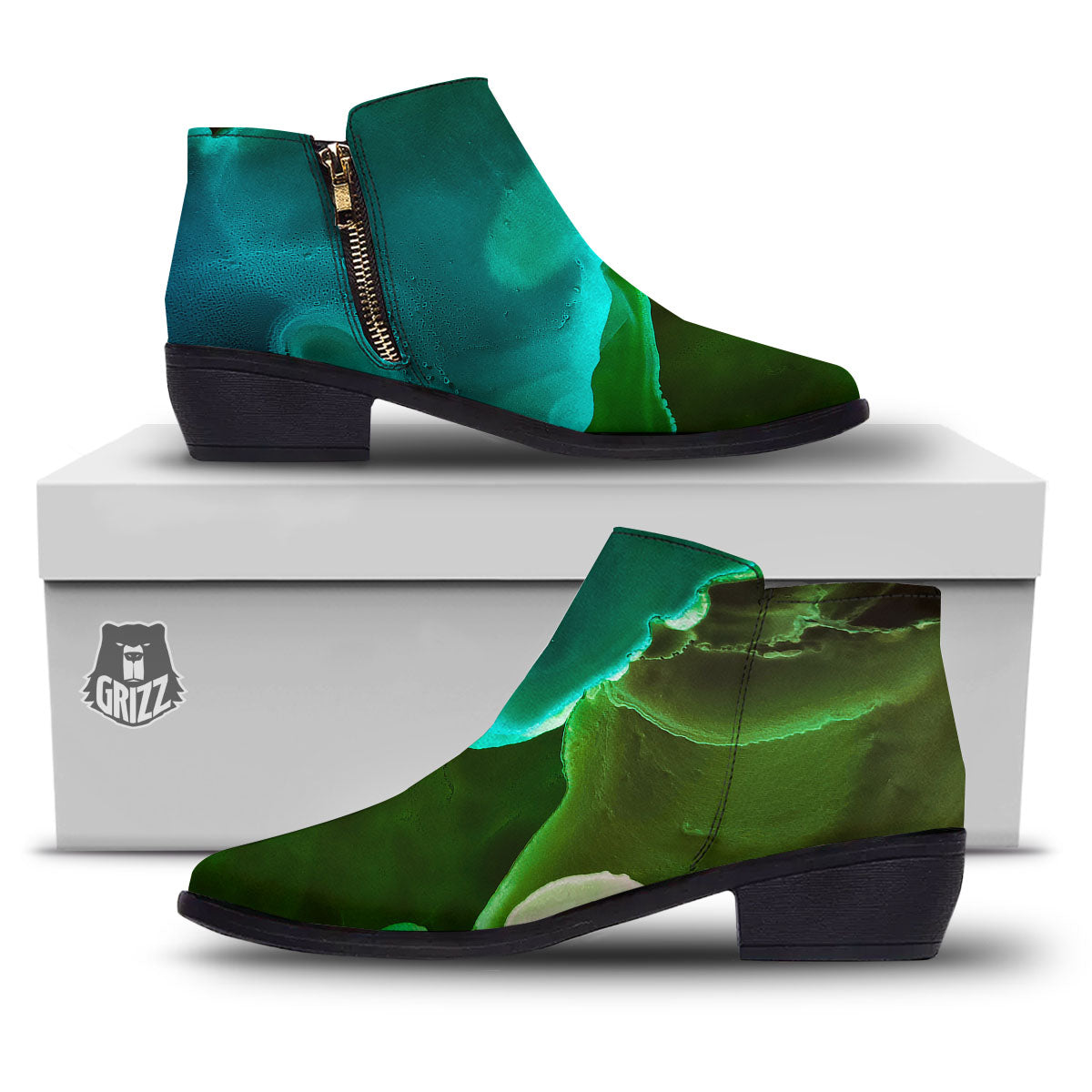 Acid Melt Green And Turquoise Print Ankle Boots-grizzshop