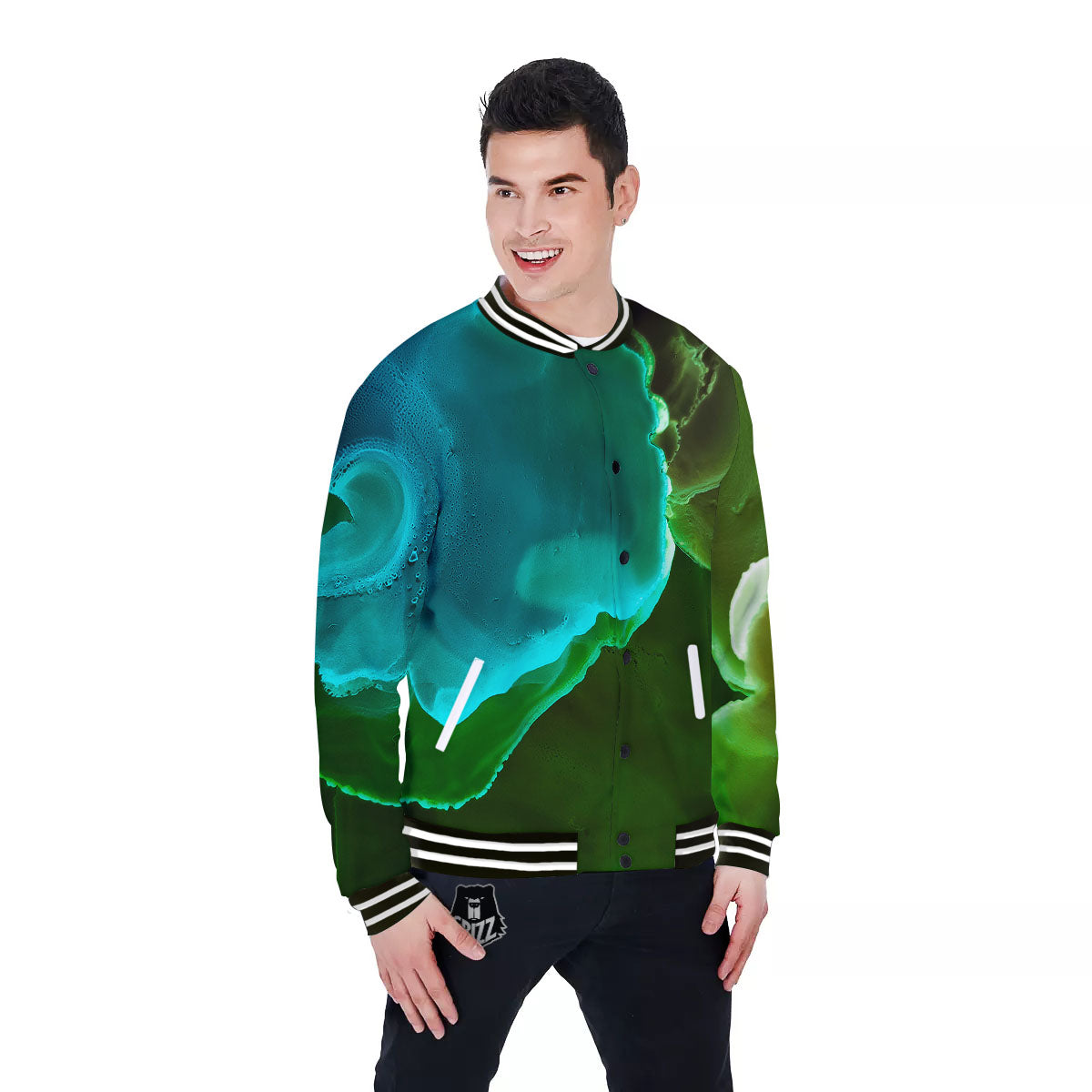 Acid Melt Green And Turquoise Print Baseball Jacket-grizzshop