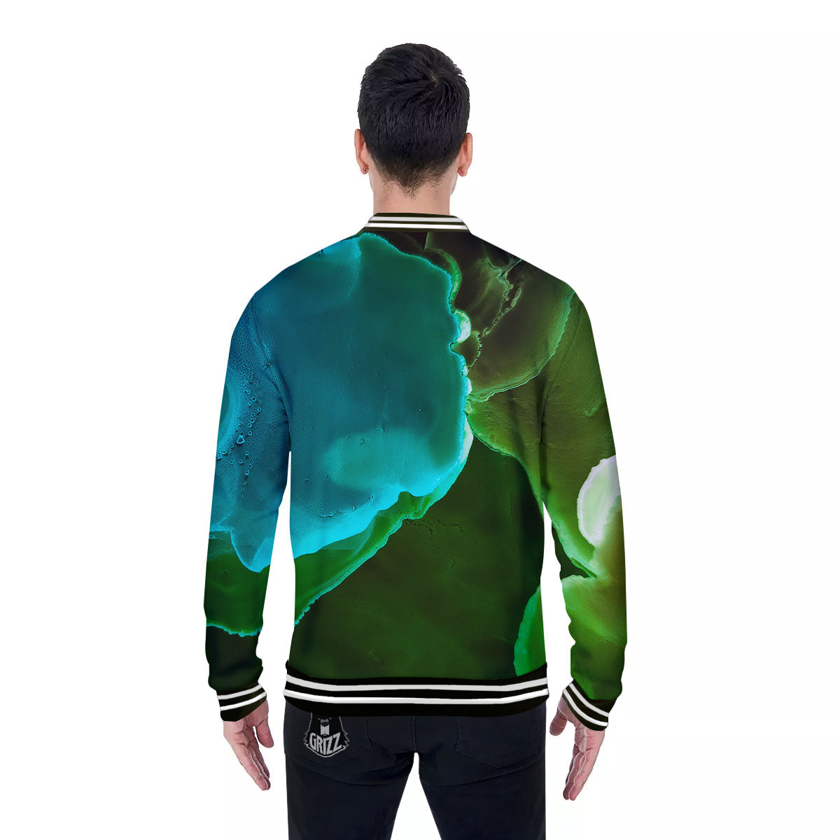 Acid Melt Green And Turquoise Print Baseball Jacket-grizzshop