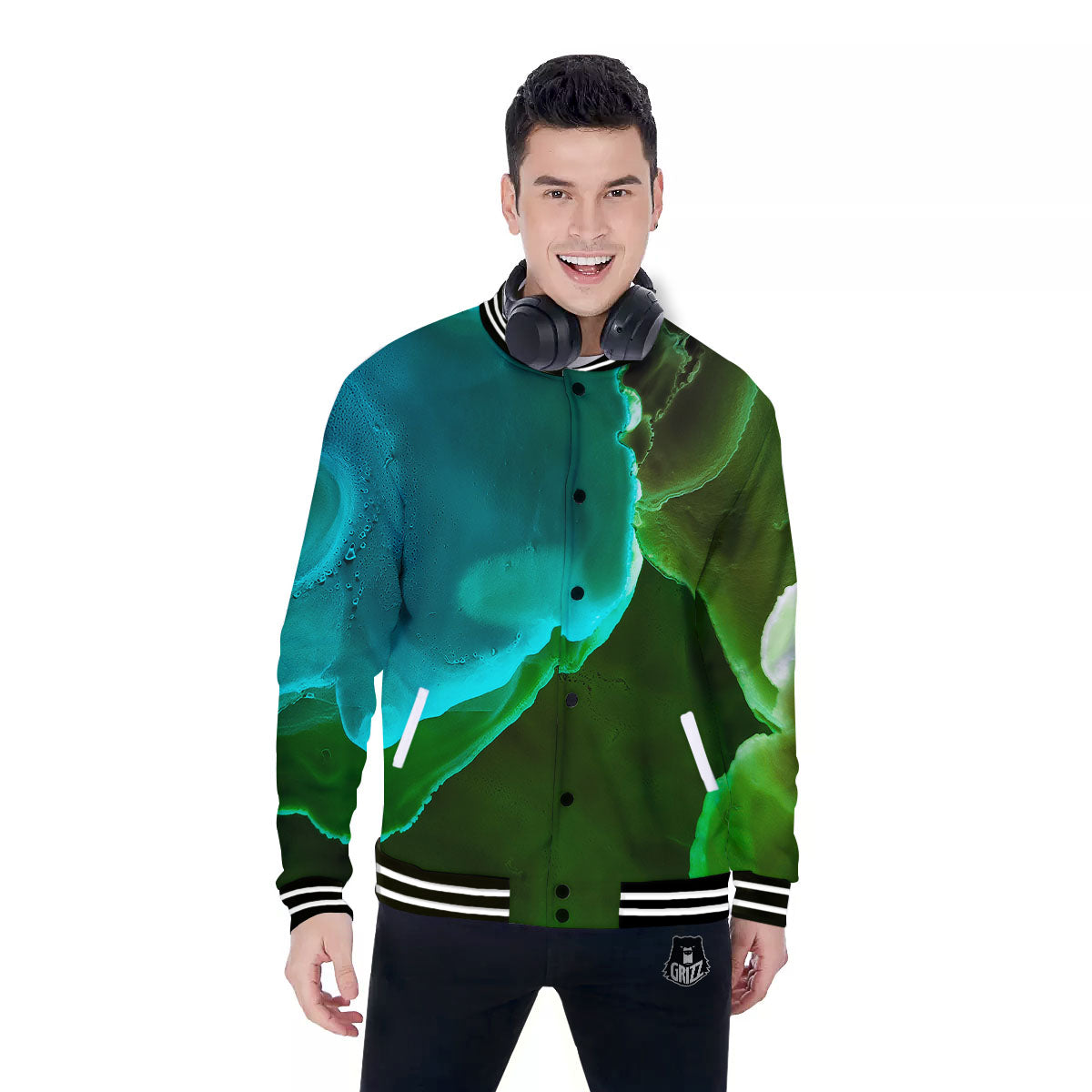 Acid Melt Green And Turquoise Print Baseball Jacket-grizzshop