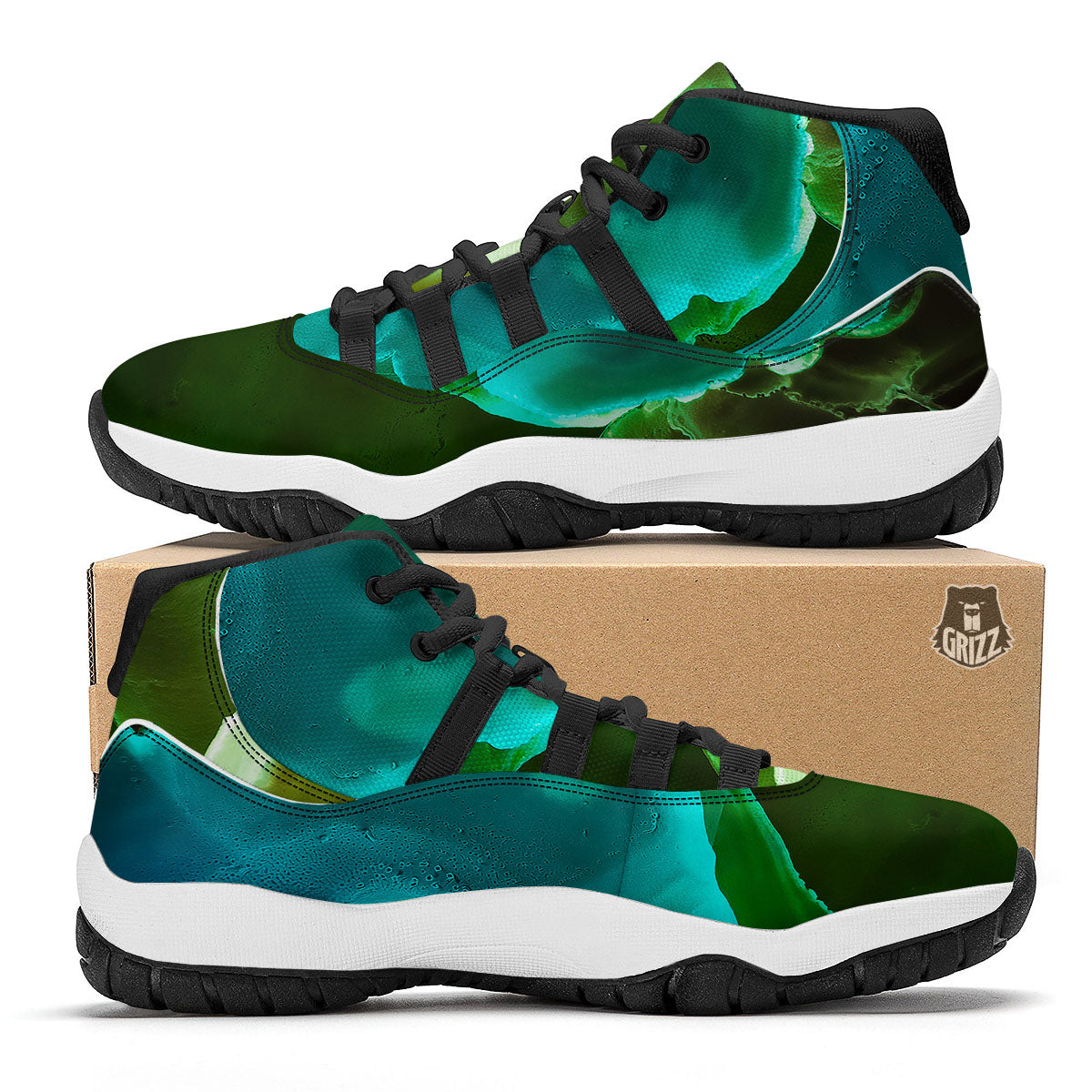 Acid Melt Green And Turquoise Print Black Bball Shoes-grizzshop