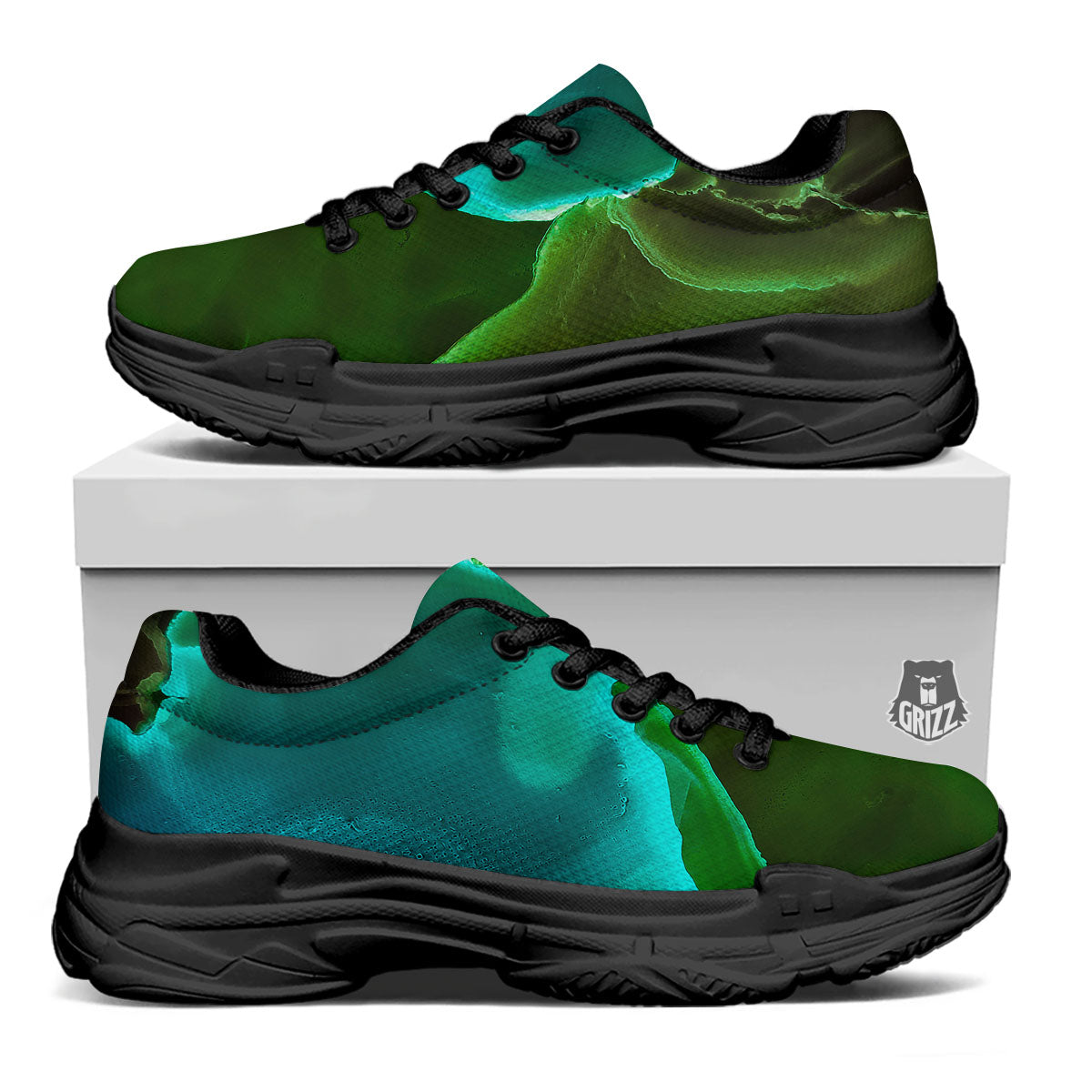 Acid Melt Green And Turquoise Print Black Chunky Shoes-grizzshop