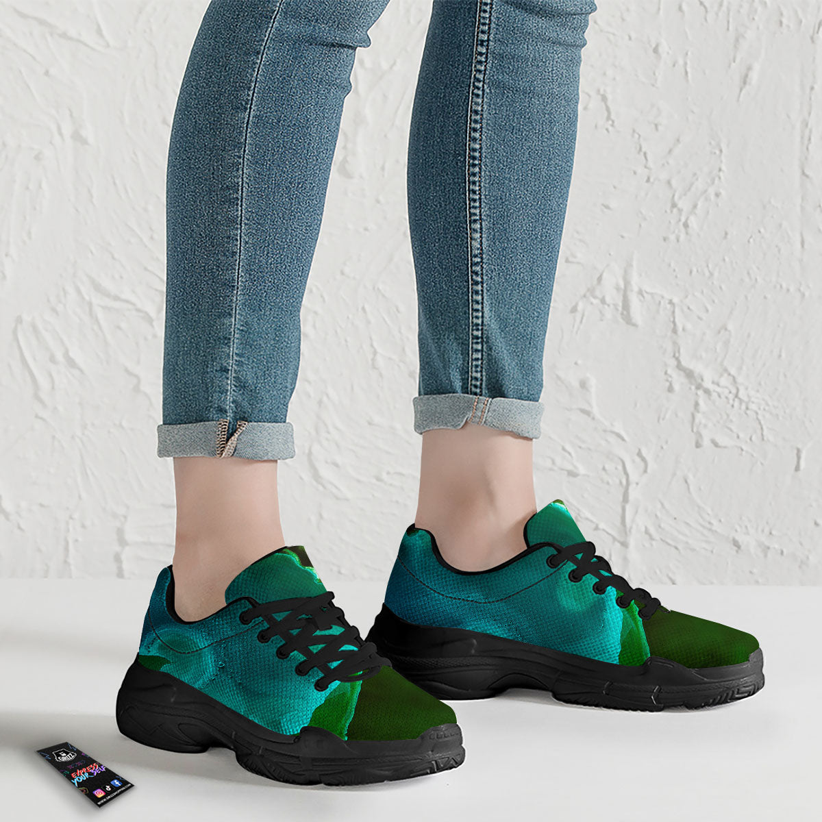 Acid Melt Green And Turquoise Print Black Chunky Shoes-grizzshop