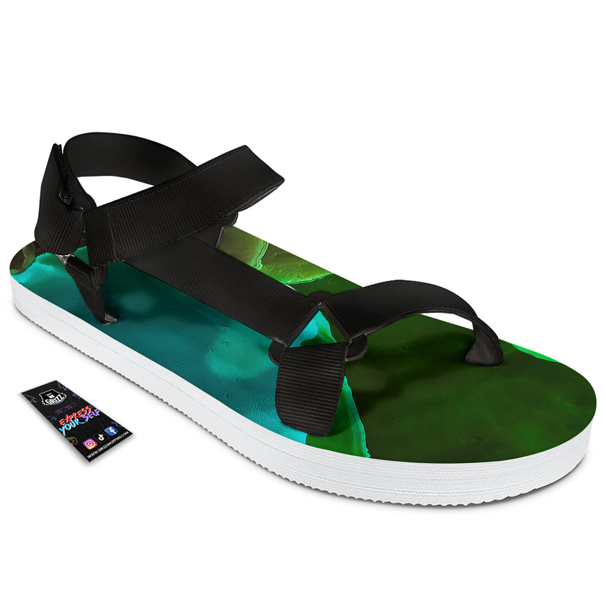 Acid Melt Green And Turquoise Print Black Open Toe Sandals-grizzshop