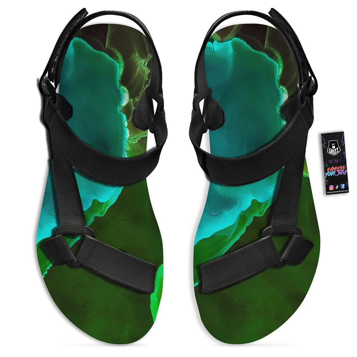 Acid Melt Green And Turquoise Print Black Open Toe Sandals-grizzshop