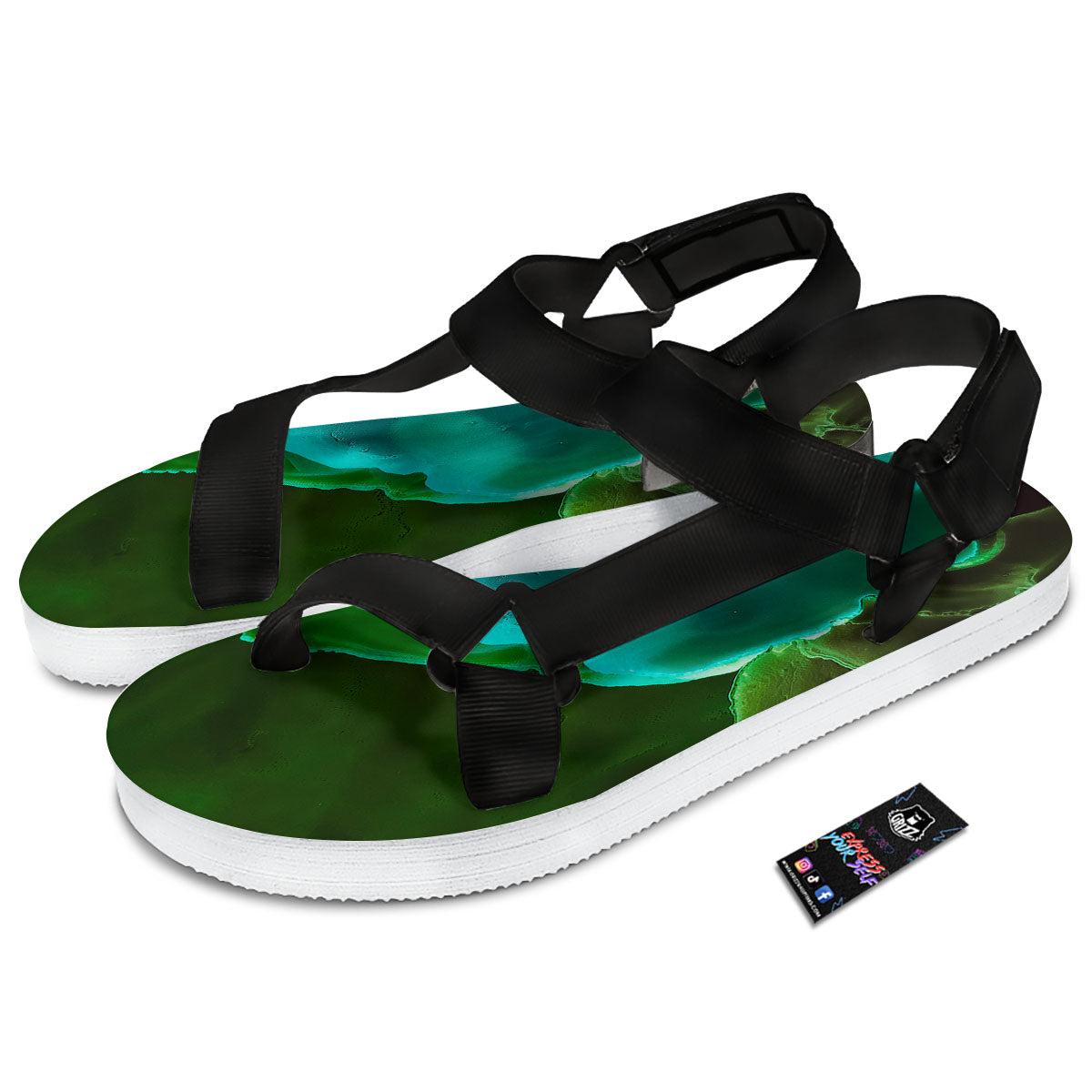 Acid Melt Green And Turquoise Print Black Open Toe Sandals-grizzshop