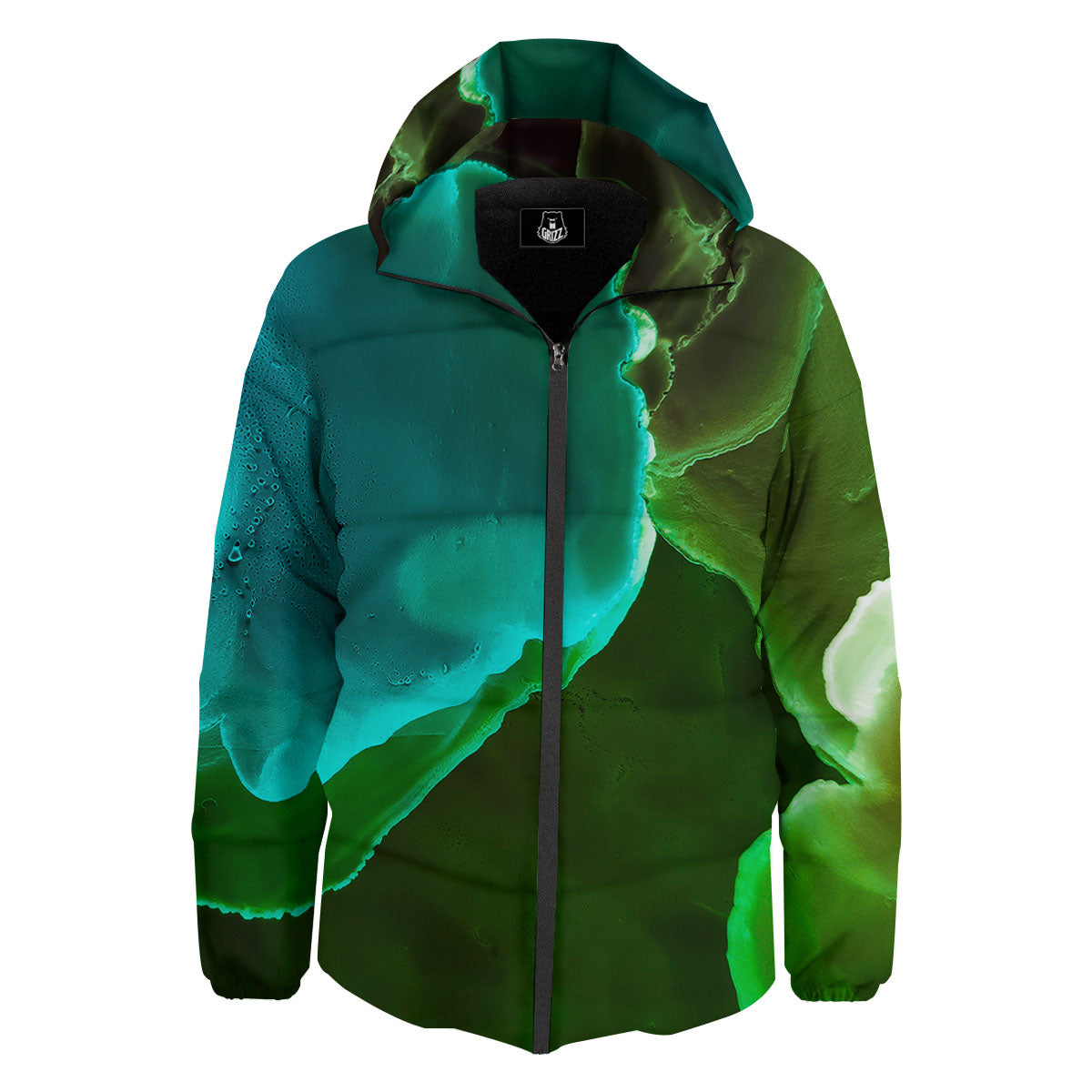 Acid Melt Green And Turquoise Print Down Jacket-grizzshop