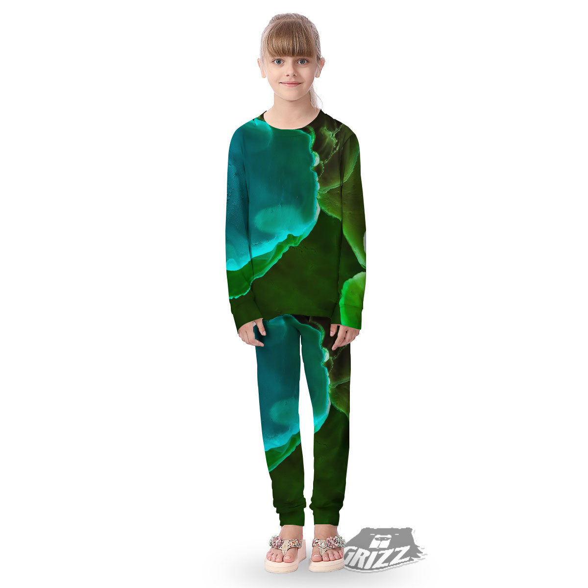 Acid Melt Green And Turquoise Print Kid's Pajamas-grizzshop