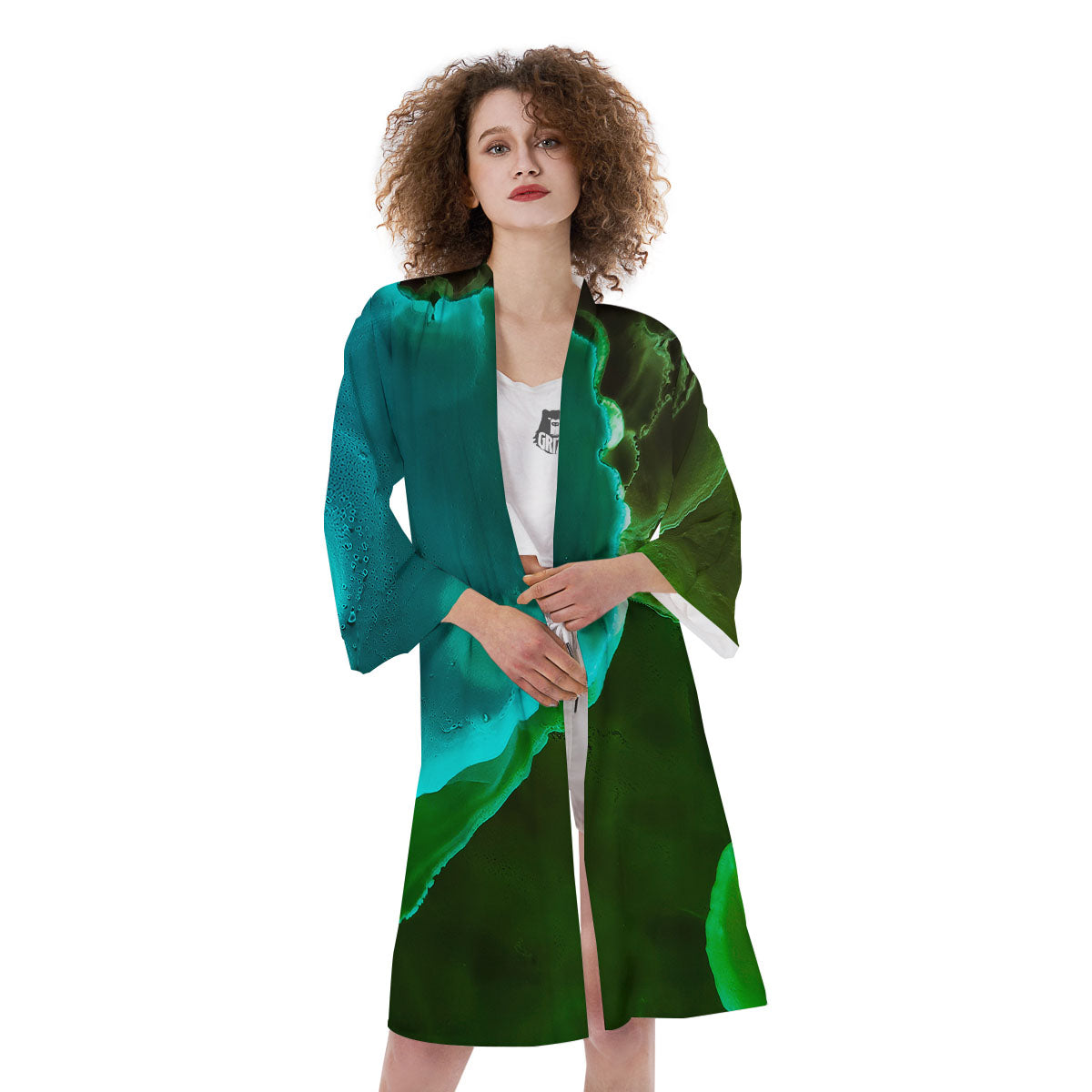 Acid Melt Green And Turquoise Print Kimono-grizzshop