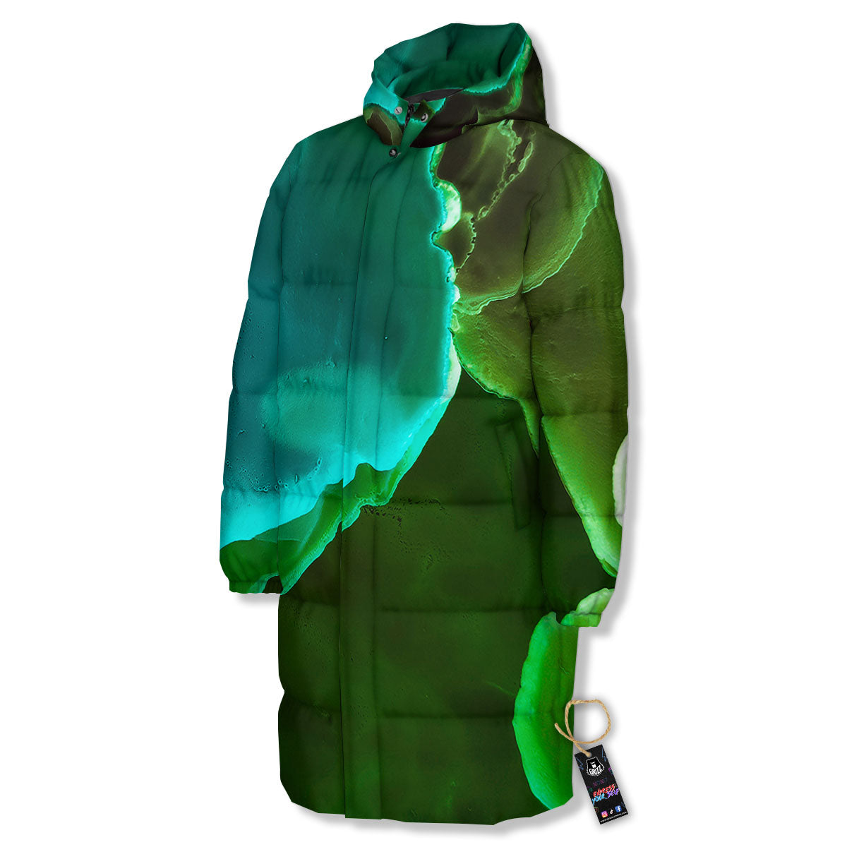 Acid Melt Green And Turquoise Print Long Down Jacket-grizzshop