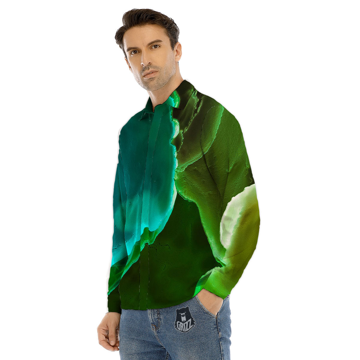 Acid Melt Green And Turquoise Print Men's Dress Shirts-grizzshop