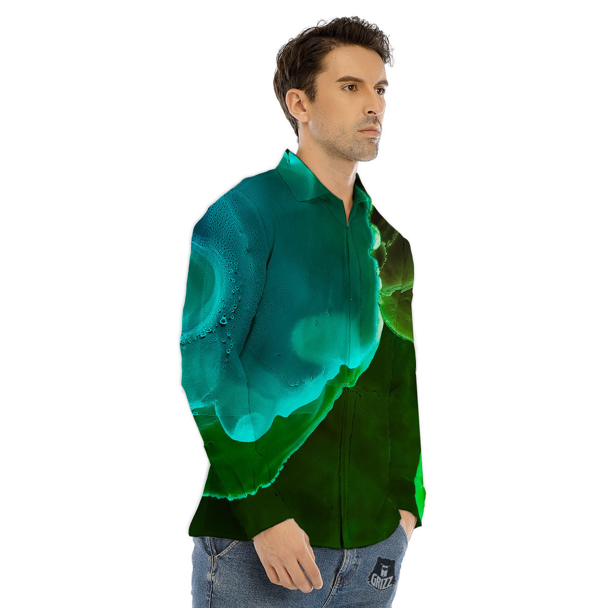 Acid Melt Green And Turquoise Print Men's Dress Shirts-grizzshop
