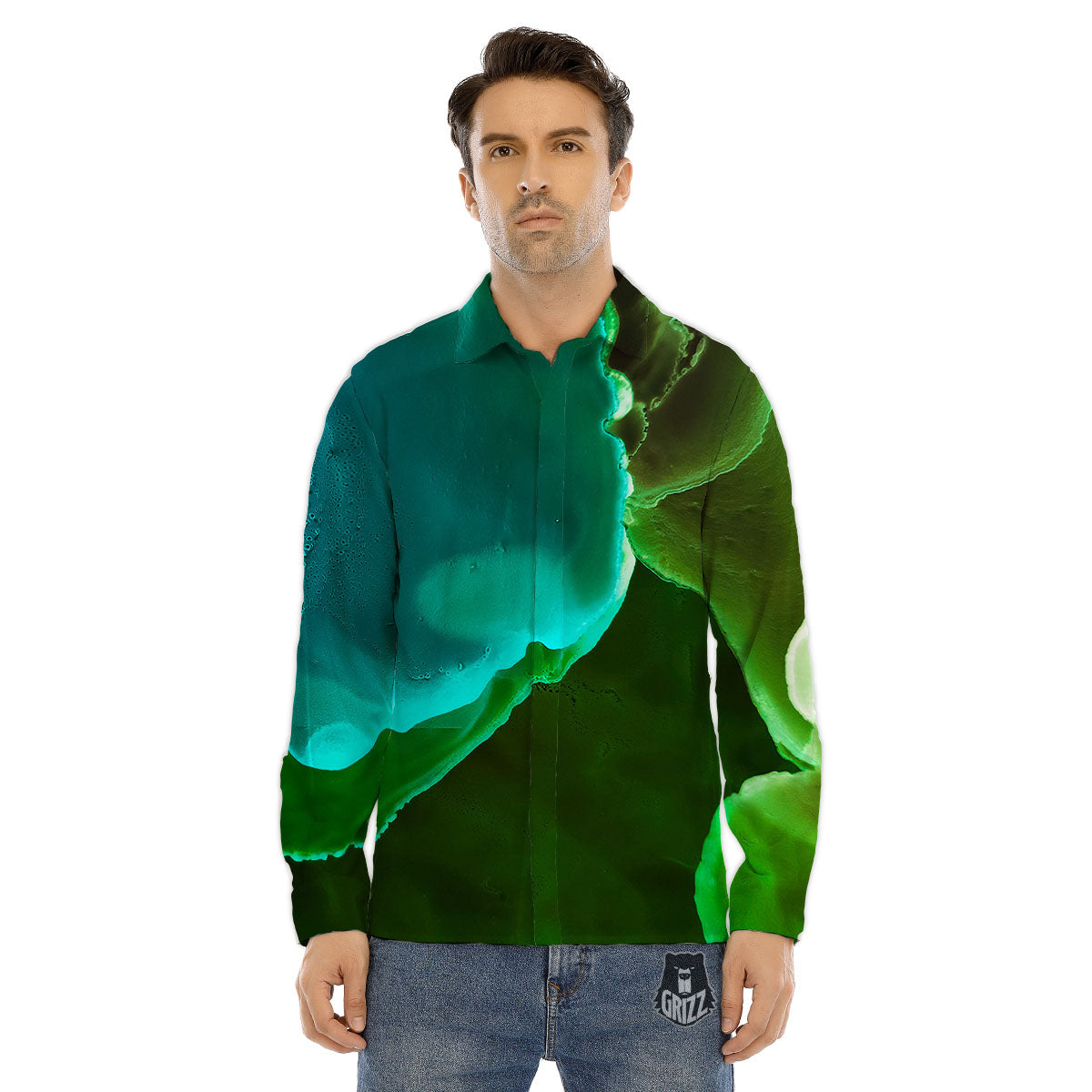 Acid Melt Green And Turquoise Print Men's Dress Shirts-grizzshop