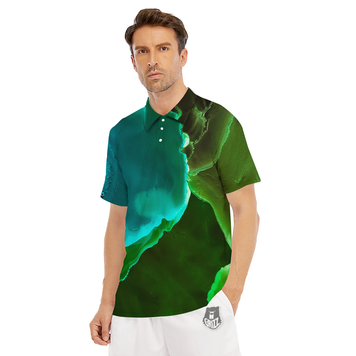 Acid Melt Green And Turquoise Print Men's Golf Shirts-grizzshop
