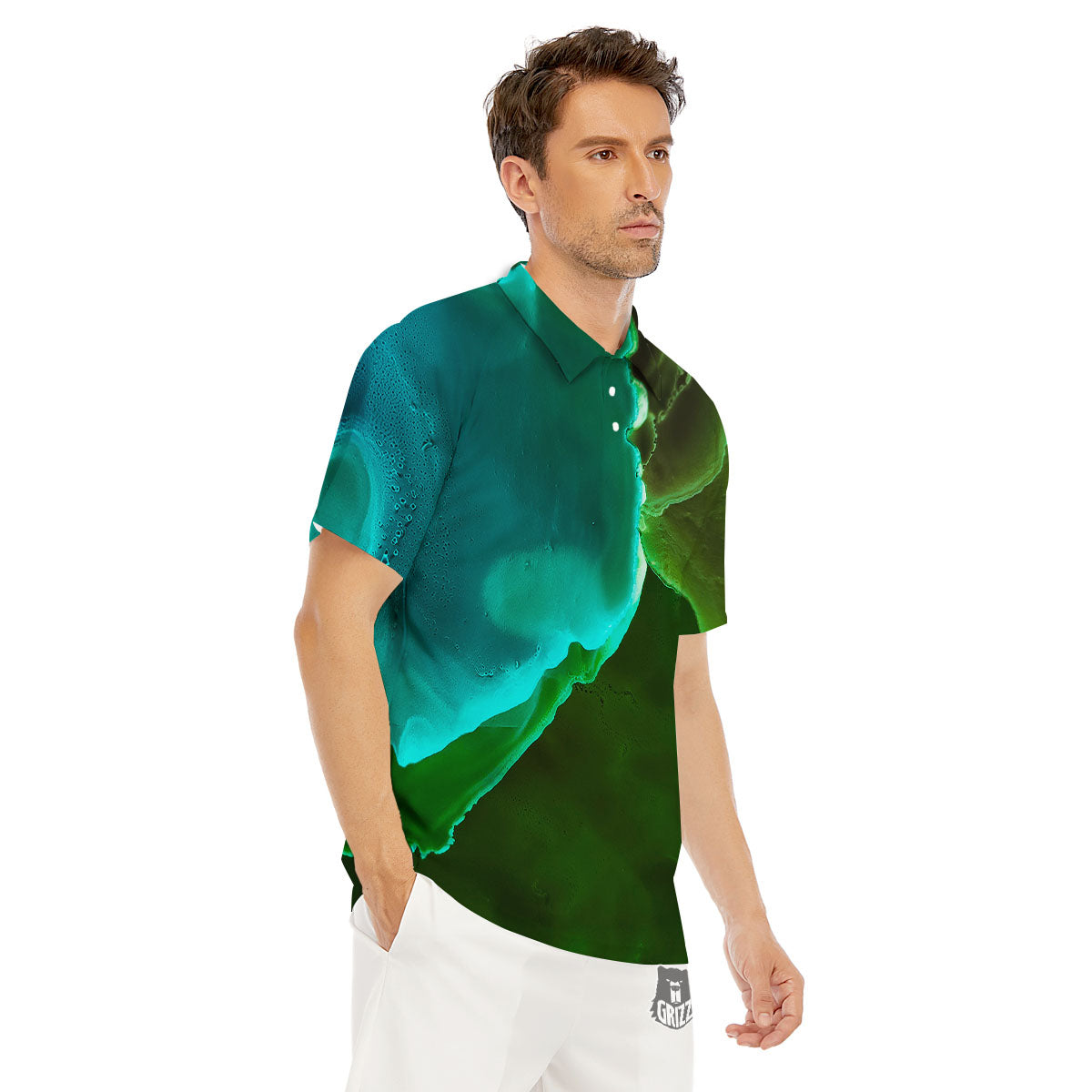 Acid Melt Green And Turquoise Print Men's Golf Shirts-grizzshop