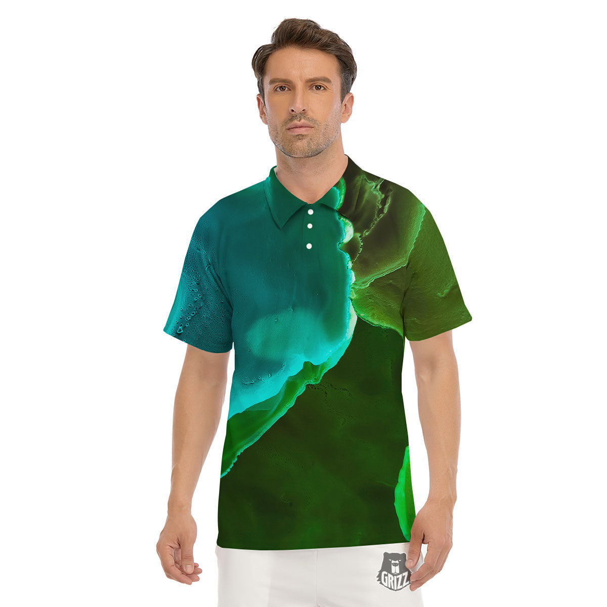Acid Melt Green And Turquoise Print Men's Golf Shirts-grizzshop