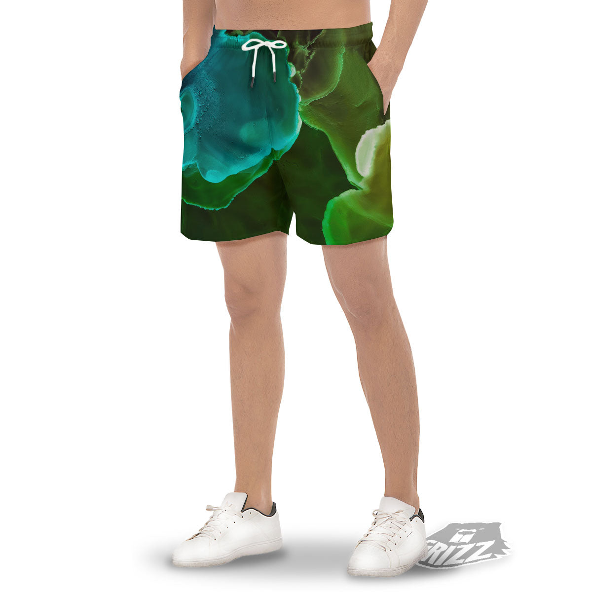 Acid Melt Green And Turquoise Print Men's Gym Shorts-grizzshop