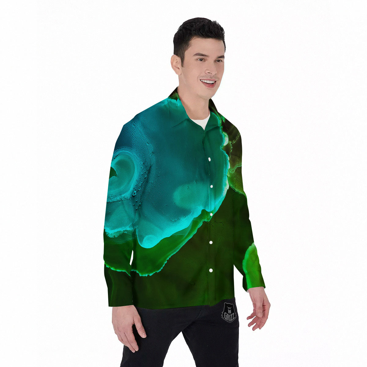 Acid Melt Green And Turquoise Print Men's Long Sleeve Shirts-grizzshop