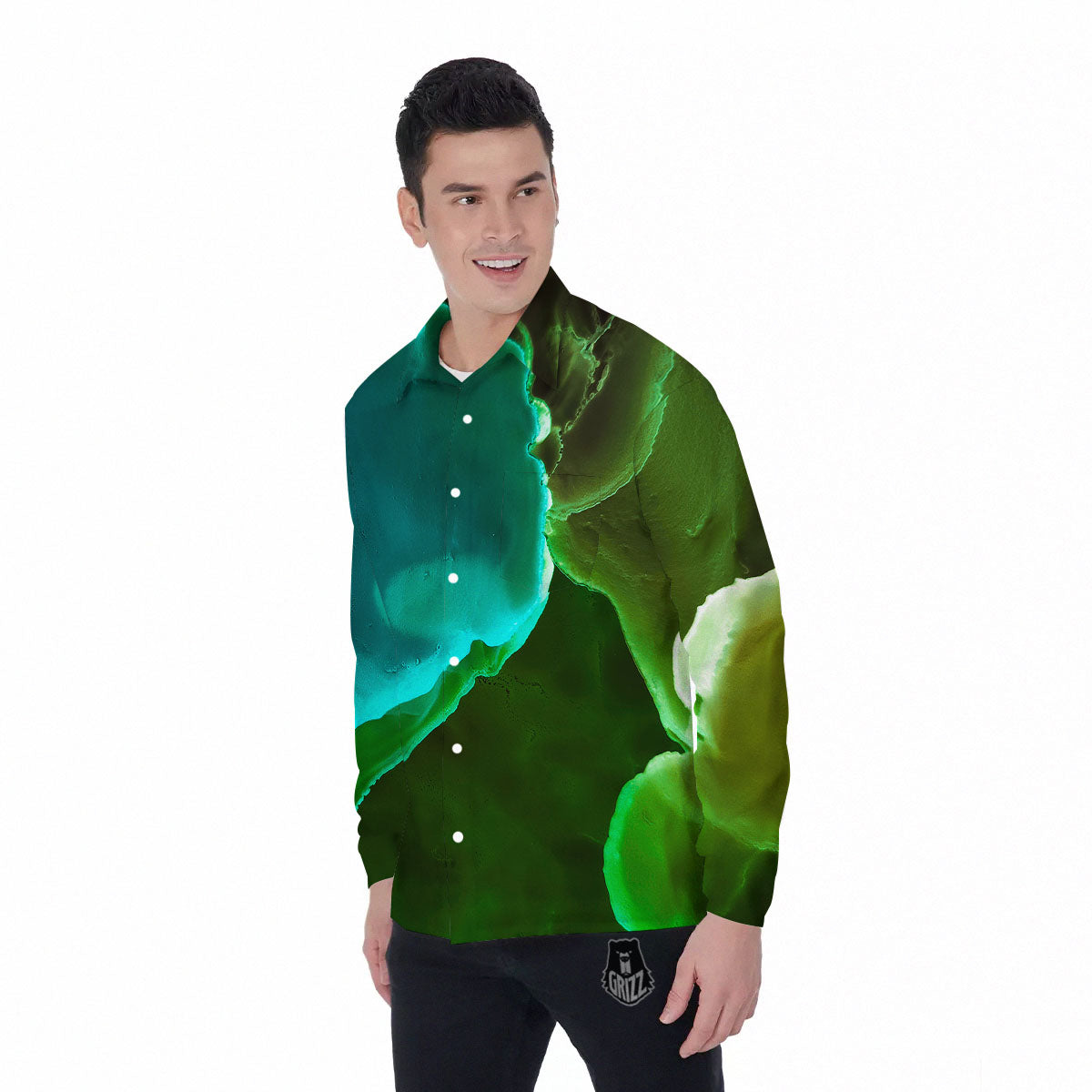 Acid Melt Green And Turquoise Print Men's Long Sleeve Shirts-grizzshop