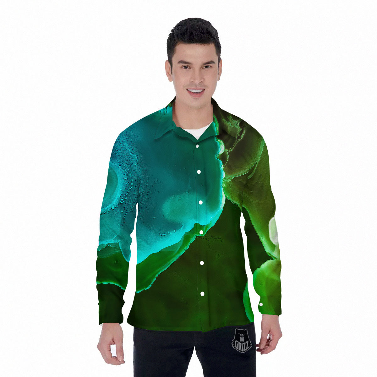 Acid Melt Green And Turquoise Print Men's Long Sleeve Shirts-grizzshop