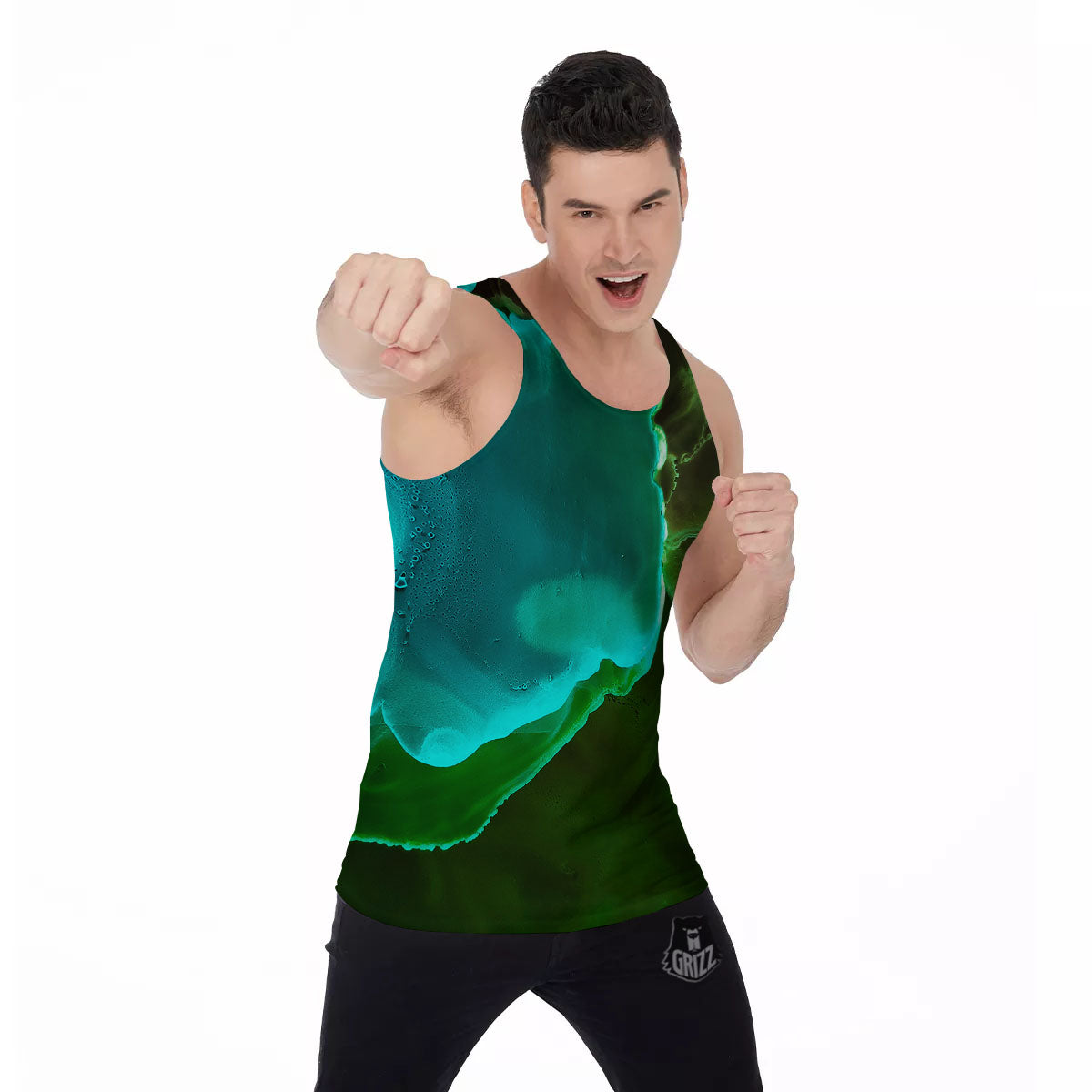 Acid Melt Green And Turquoise Print Men's Tank Top-grizzshop