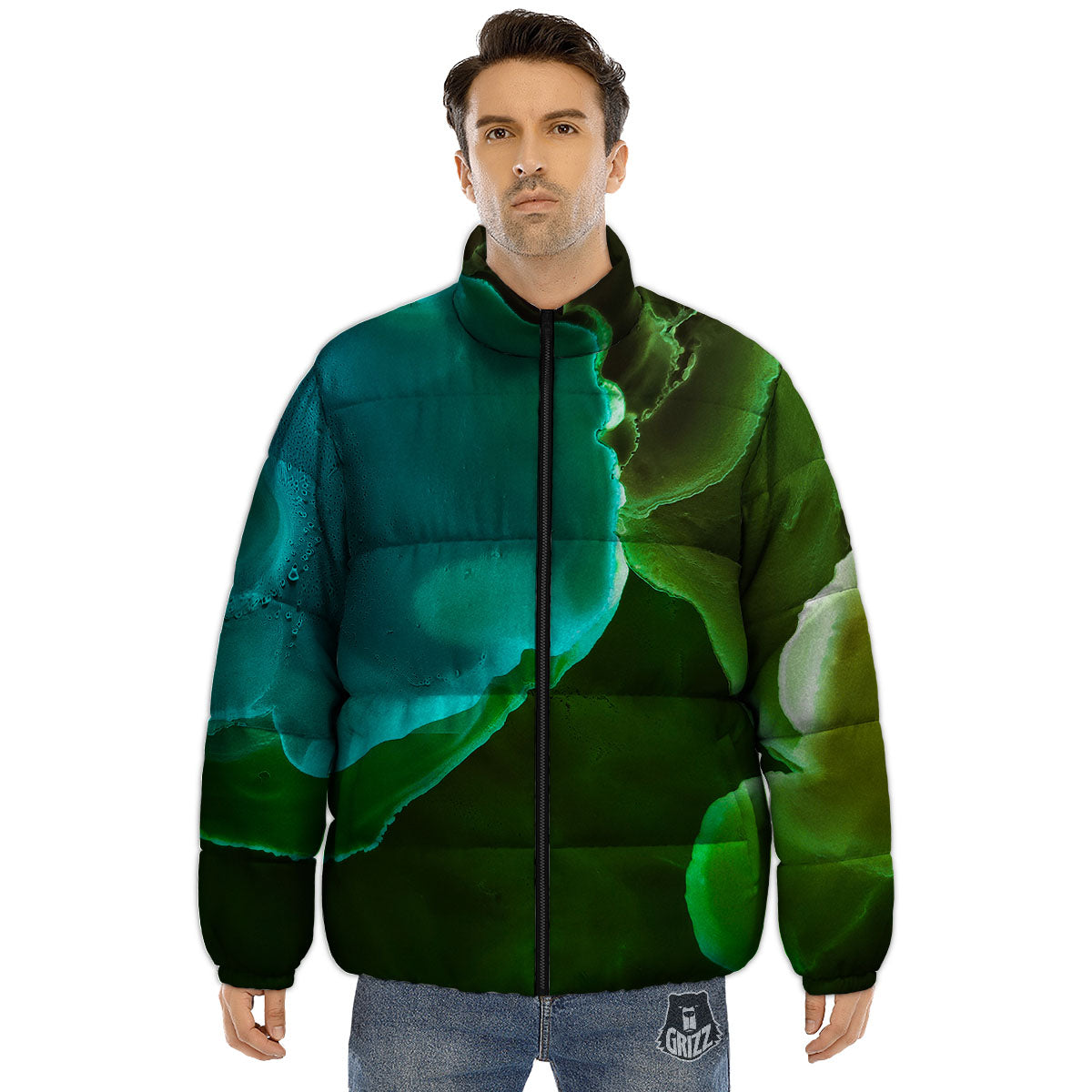Acid Melt Green And Turquoise Print Puffer Jacket-grizzshop