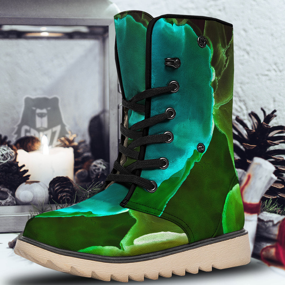 Acid Melt Green And Turquoise Print Snow Boots-grizzshop