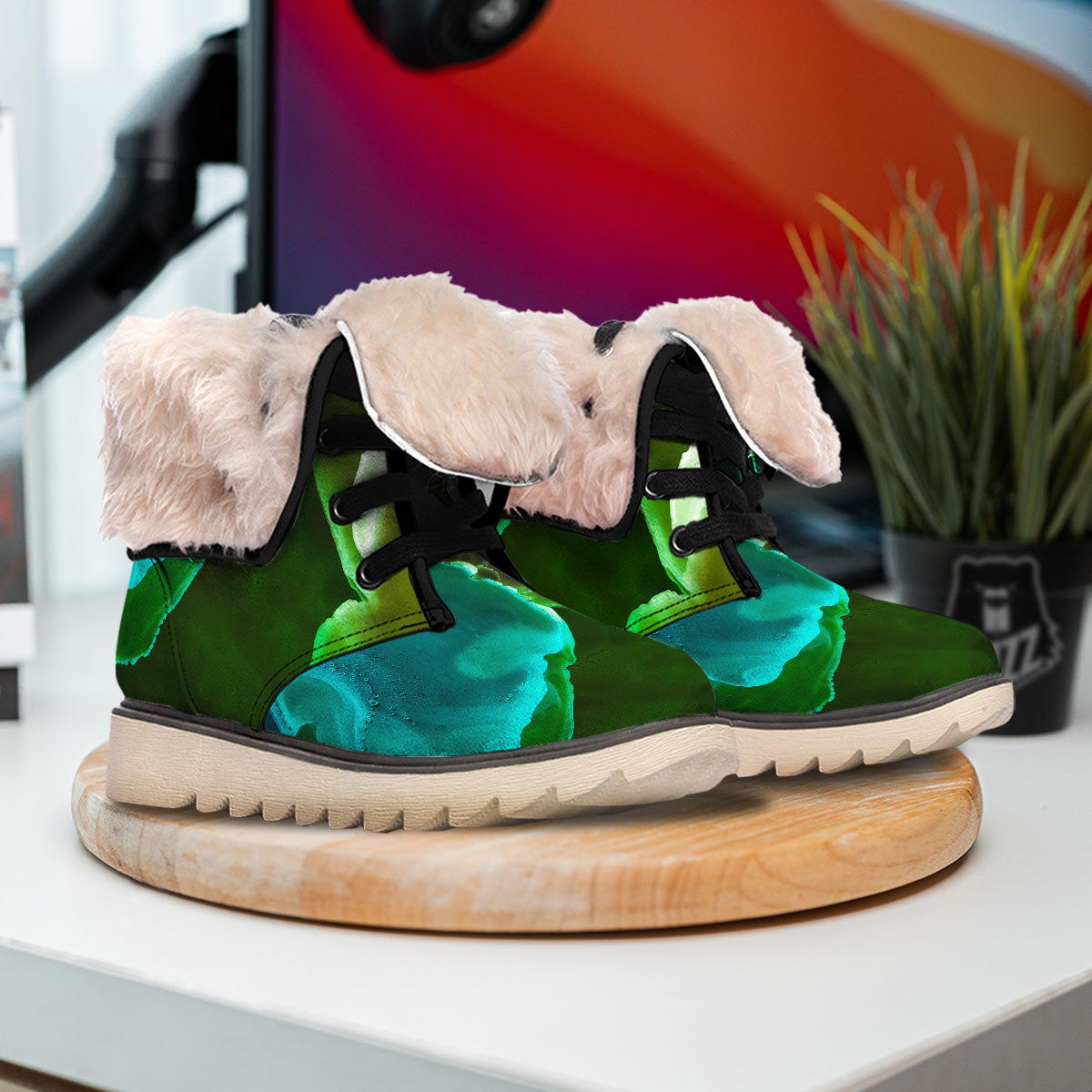 Acid Melt Green And Turquoise Print Snow Boots-grizzshop