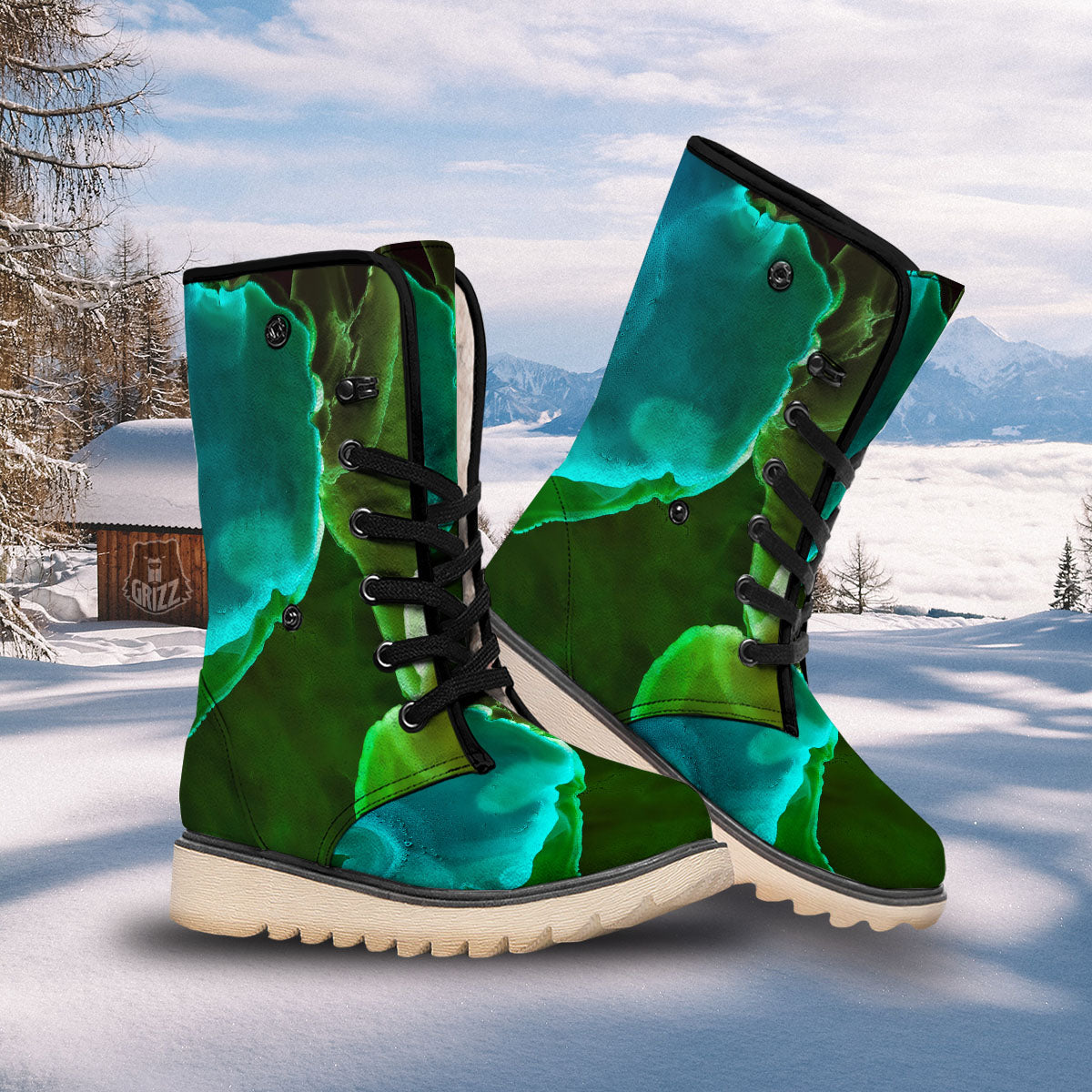 Acid Melt Green And Turquoise Print Snow Boots-grizzshop