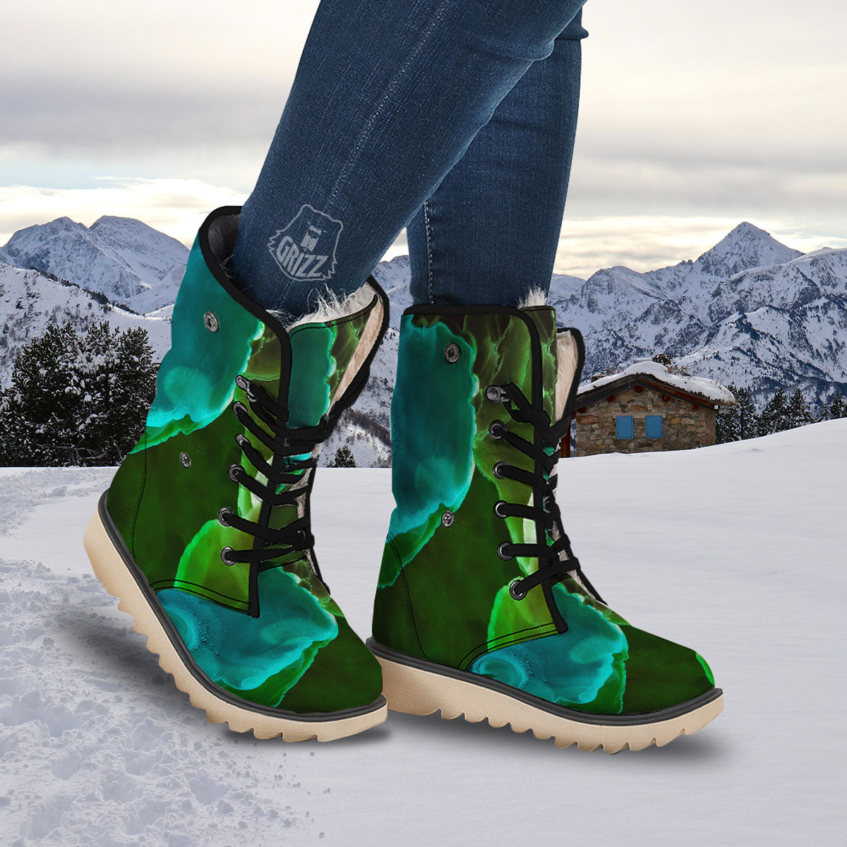Acid Melt Green And Turquoise Print Snow Boots-grizzshop