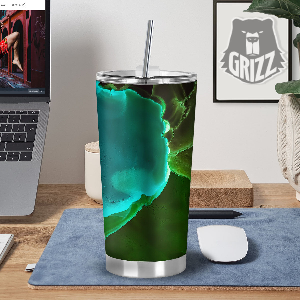 Acid Melt Green And Turquoise Print Tumbler-grizzshop