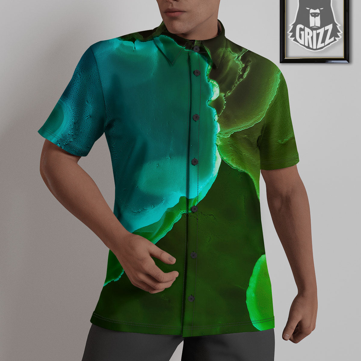 Acid Melt Green And Turquoise Print Untucked Shirts-grizzshop