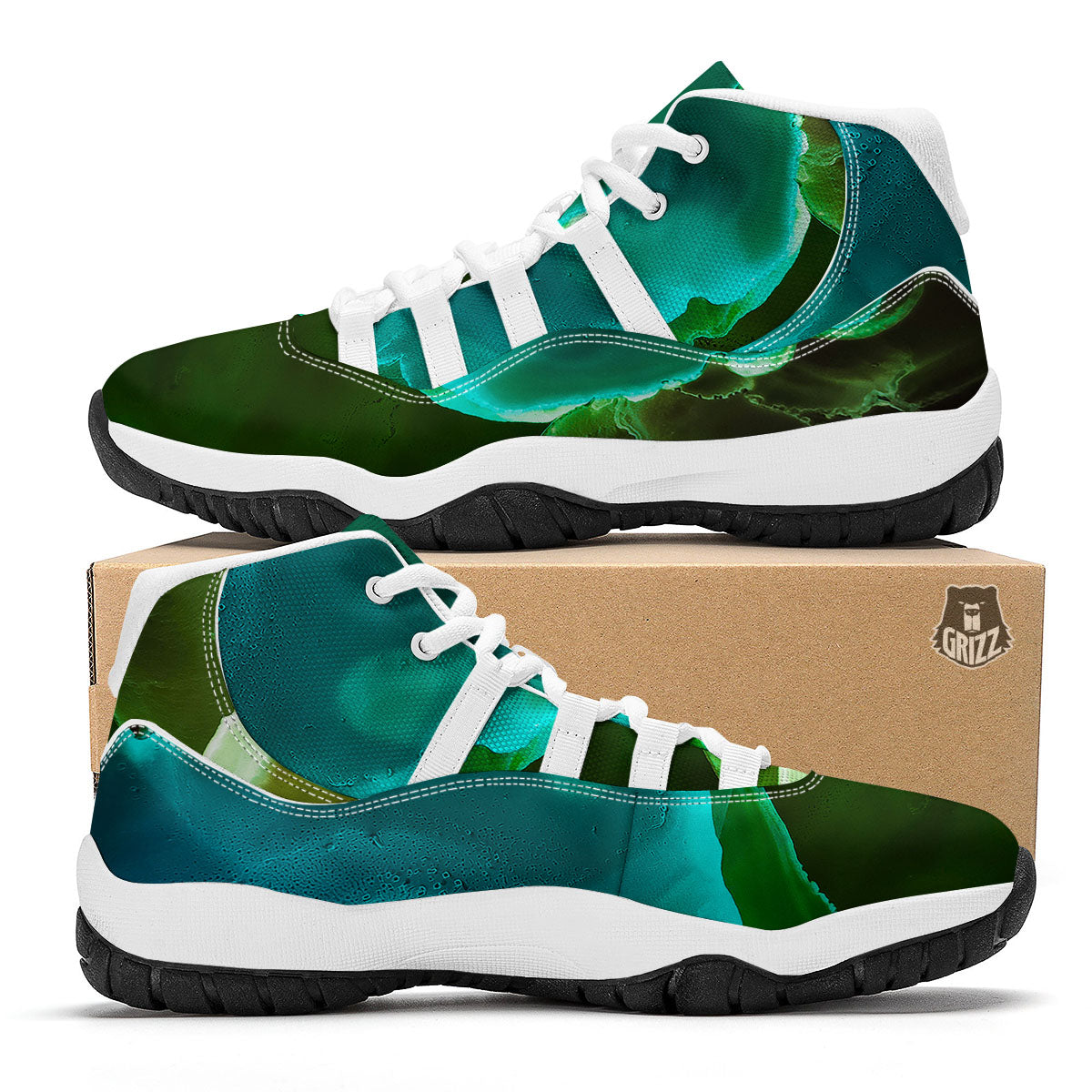 Acid Melt Green And Turquoise Print White Bball Shoes-grizzshop