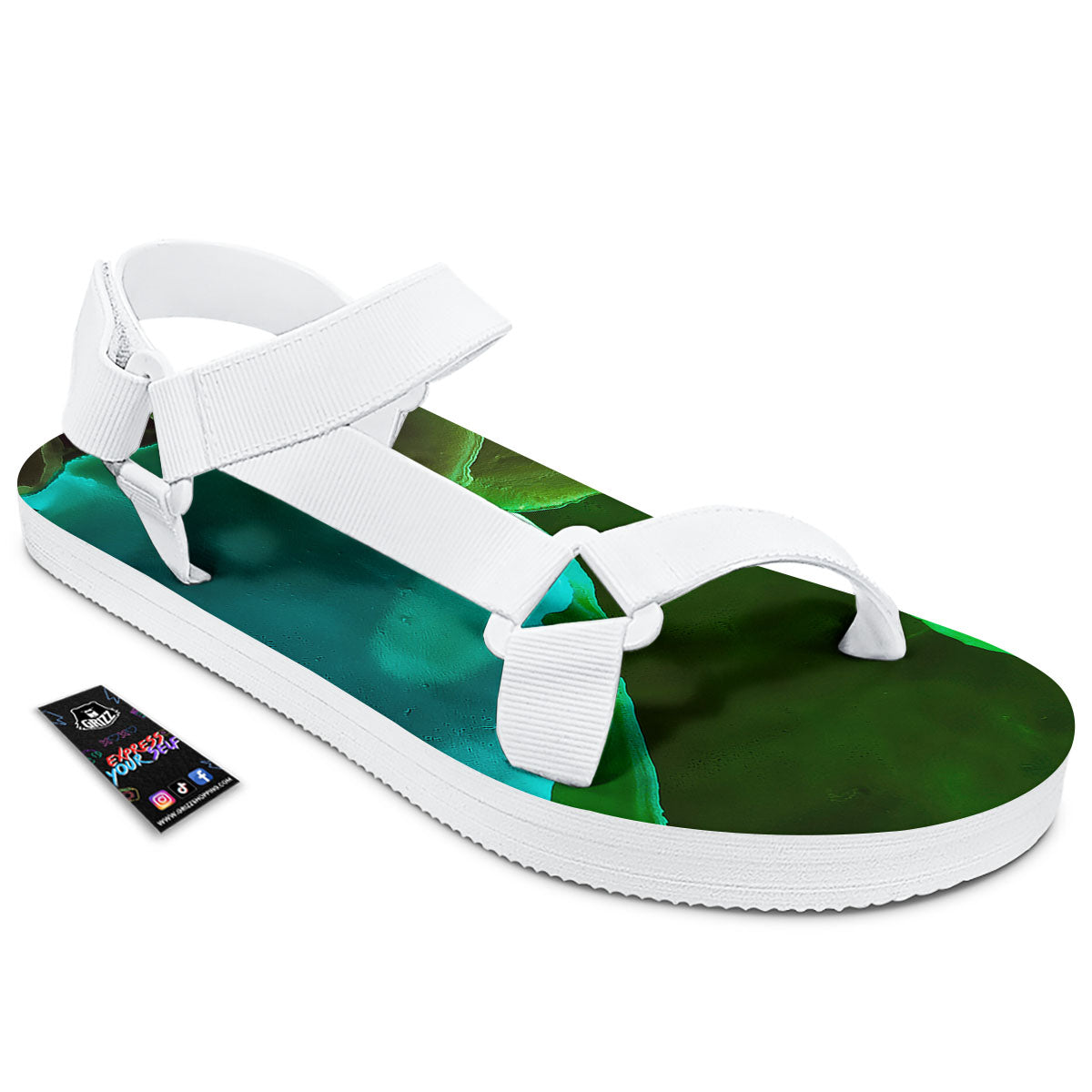 Acid Melt Green And Turquoise Print White Open Toe Sandals-grizzshop