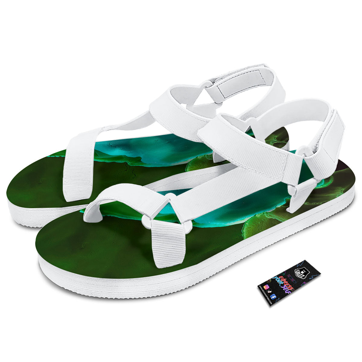 Acid Melt Green And Turquoise Print White Open Toe Sandals-grizzshop