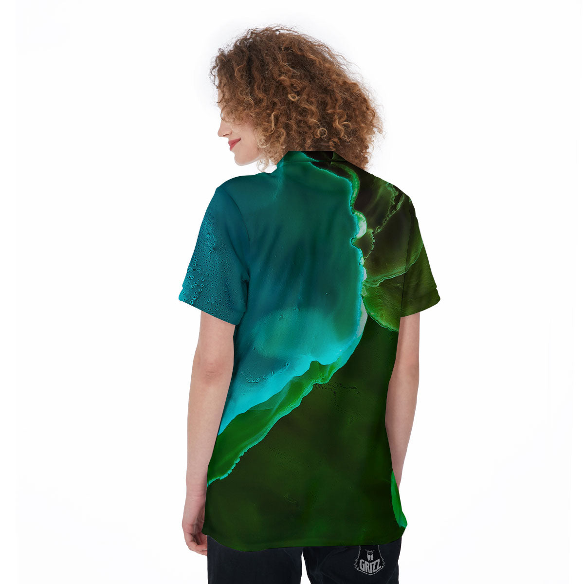 Acid Melt Green And Turquoise Print Women's Golf Shirts-grizzshop