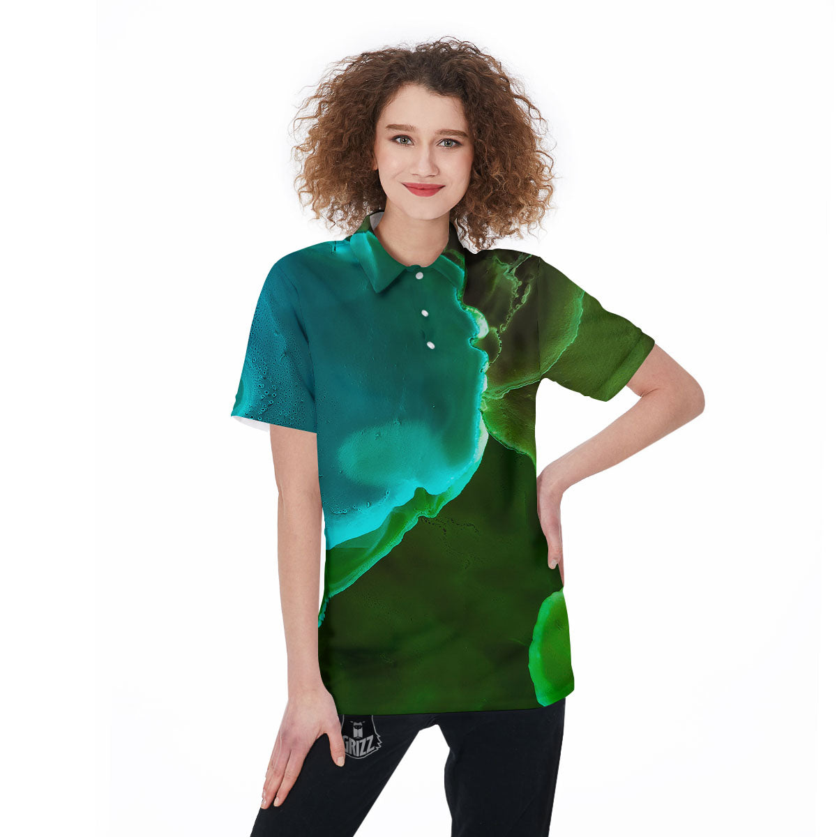Acid Melt Green And Turquoise Print Women's Golf Shirts-grizzshop