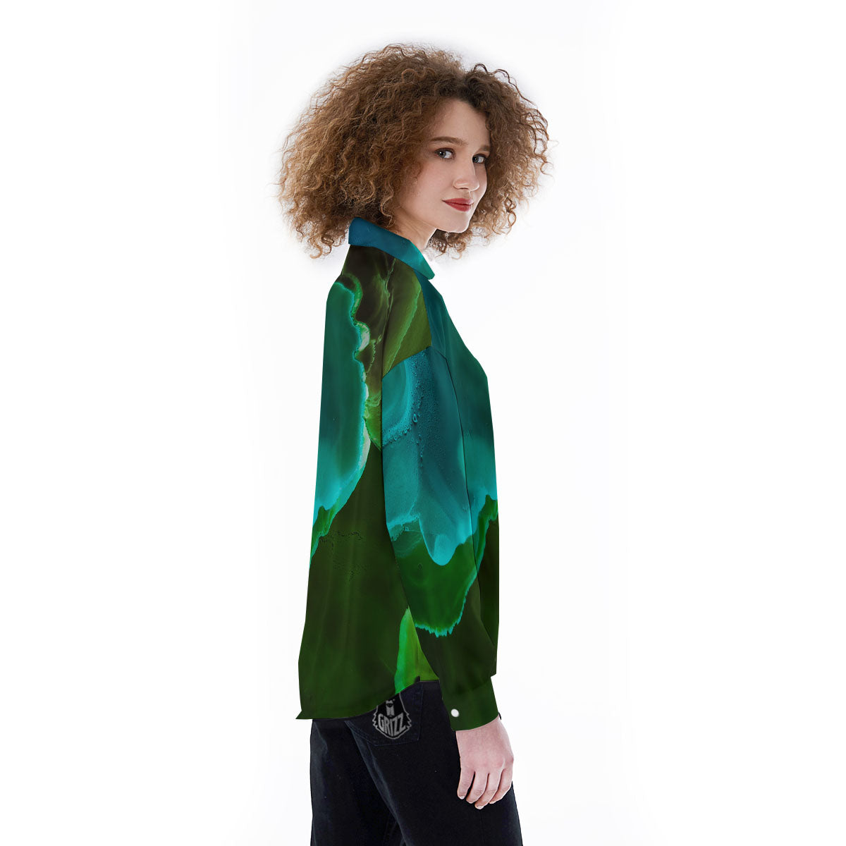 Acid Melt Green And Turquoise Print Women's Long Sleeve Shirts-grizzshop
