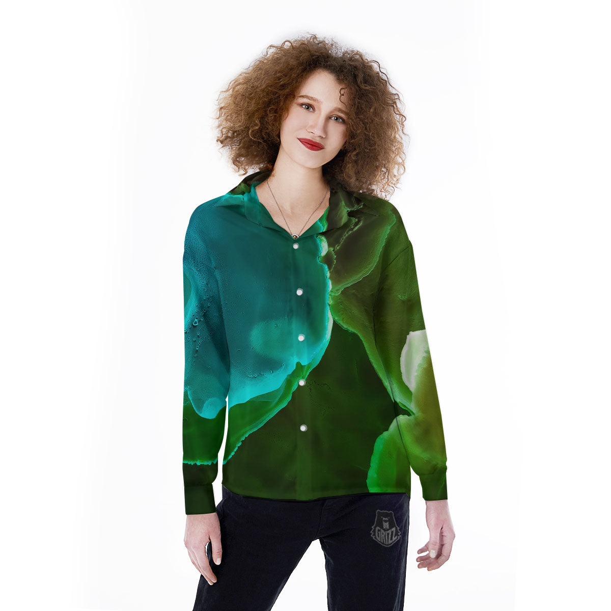 Acid Melt Green And Turquoise Print Women's Long Sleeve Shirts-grizzshop