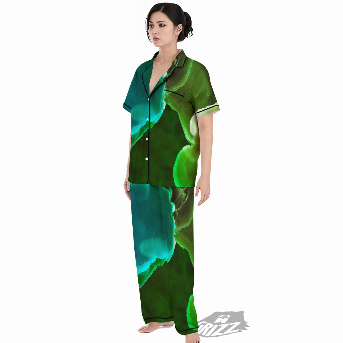 Acid Melt Green And Turquoise Print Women's Pajamas Set-grizzshop