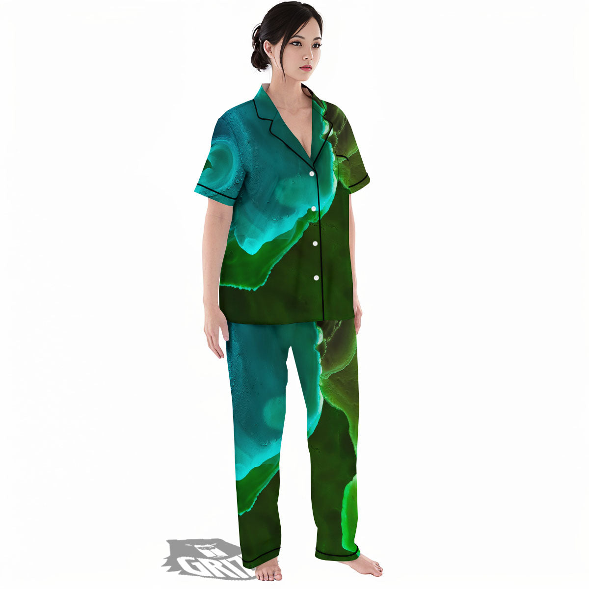 Acid Melt Green And Turquoise Print Women's Pajamas Set-grizzshop